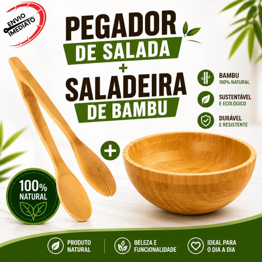 Bowl Bambu Tigela Saladeira Cumbuca Redonda Pote Sustentável Pegador de Salada de Bambu Mesa Posta