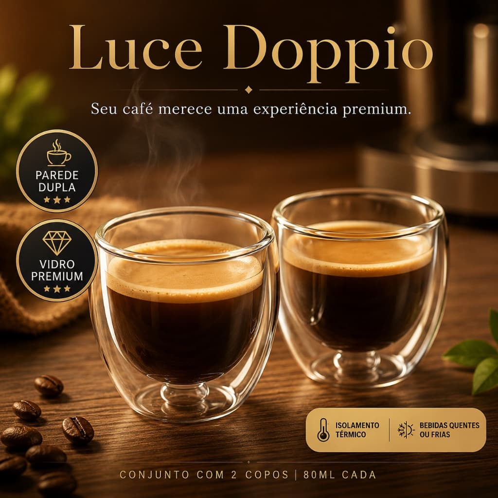 Conjunto 2 Copos de Vidro Parede Dupla Térmico 80ml para Café Chá Espresso Luce Doppio