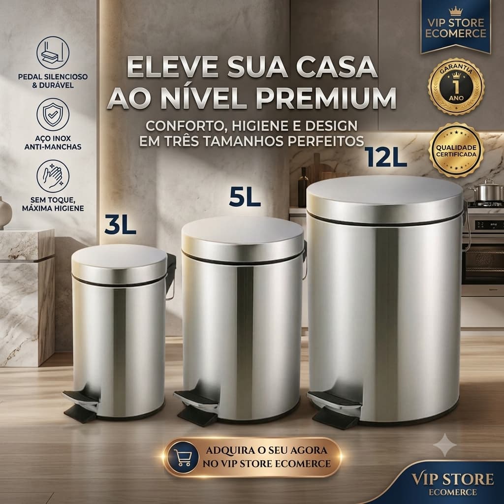 Lixeira de Aço Inox Pedal Soft Balde Removível 3L 5L 12L Para Banheiro Escritório Cozinha