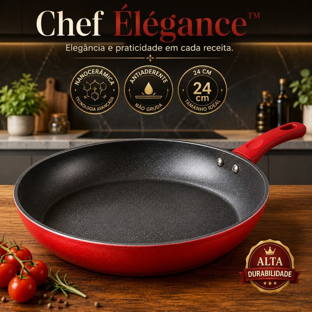 Frigideira Antiaderente Nanocerâmica 24cm Chef Élégance Vermelha Não Gruda Fácil Limpeza Alta Durabilidade