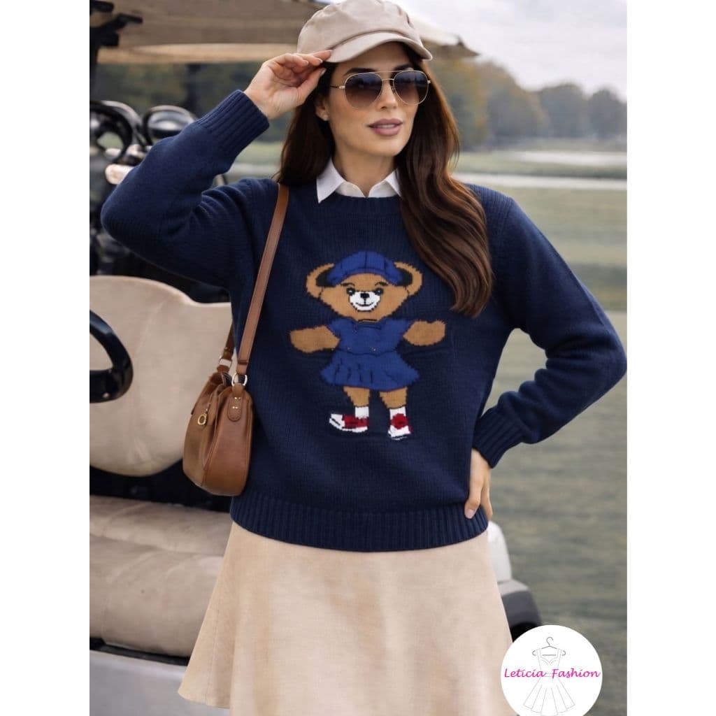 Blusa De Frio Feminina Tricot Suéter Urso Manga Longa Canelado Gola Redonda Tricô Moda Inverno