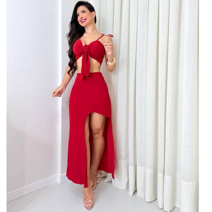 Conjunto Feminino Vermelho Cropped com Amarração + Saia Longa com Fenda Elegante