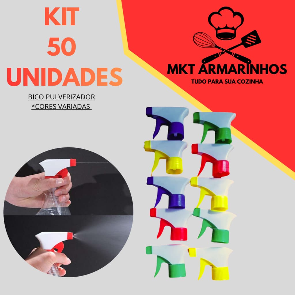 Kit 50 Bicos Pulverizadores Ajustáveis P/ Garrafa PET  Gatilho Borrifador Spray Universal Reposição Limpeza Jardim Carro