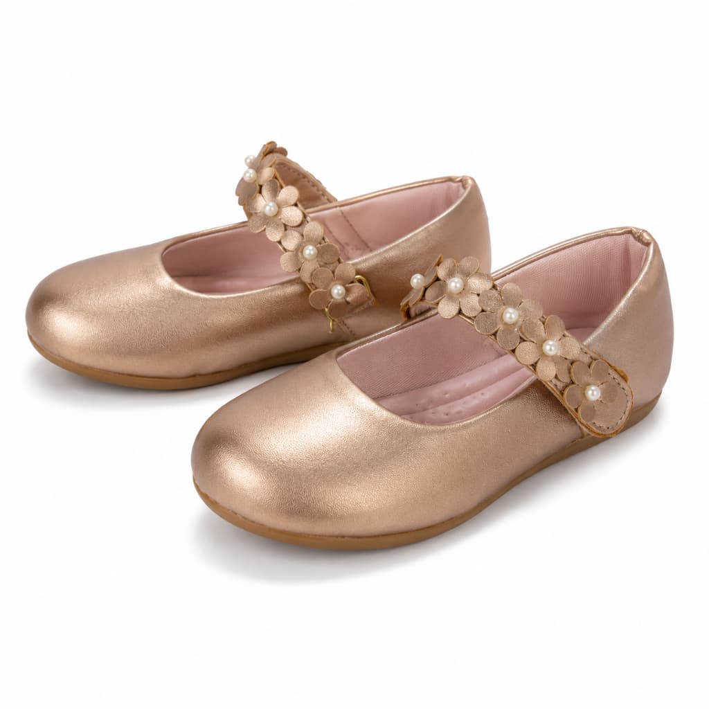 Sapatilha Infantil Feminina Prata ou Cobre com Flores Pérolas e Fechamento em Velcro