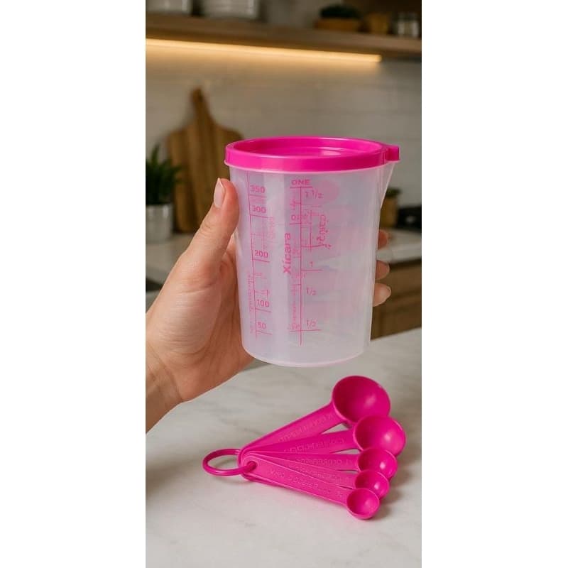 Copo Medidor Plástico 400ml com Colher Rosa | Medidor Graduado para Cozinha e Confeitaria | Copo Dosador Resistente