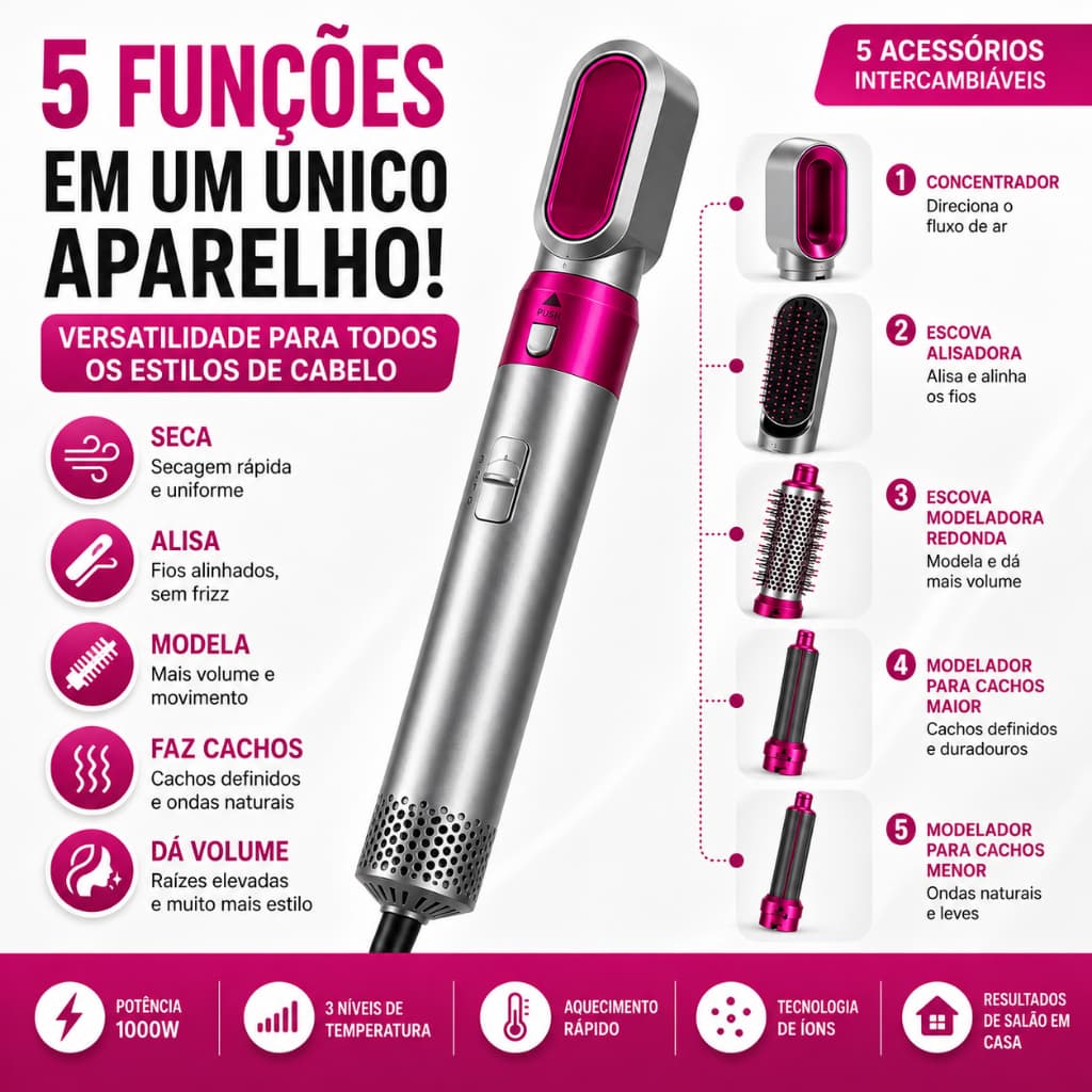 Escova Secadora 5 em 1 Multifuncional 110V com Íons Anti Frizz Modelador Alisador Secador de Cabelo