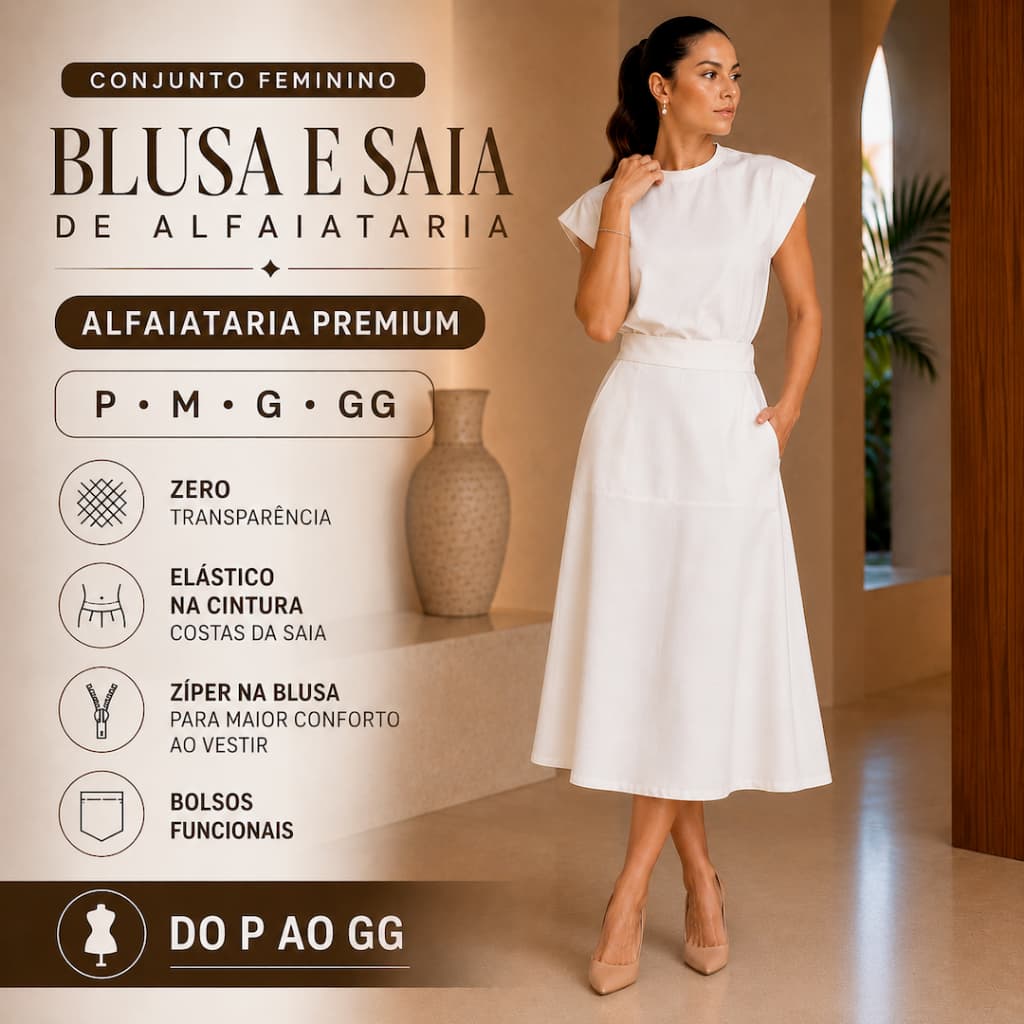 Conjunto Feminino Alfaiataria Blusa Saia Elegante Bolsos Viscose Social Festa Chique P, M, G e GG