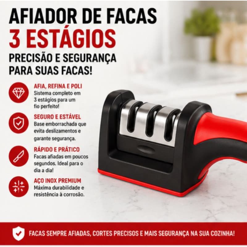 Afiador de Facas 3 Estágios Aço Inox Amolador Manual Profissional Base Antiderrapante