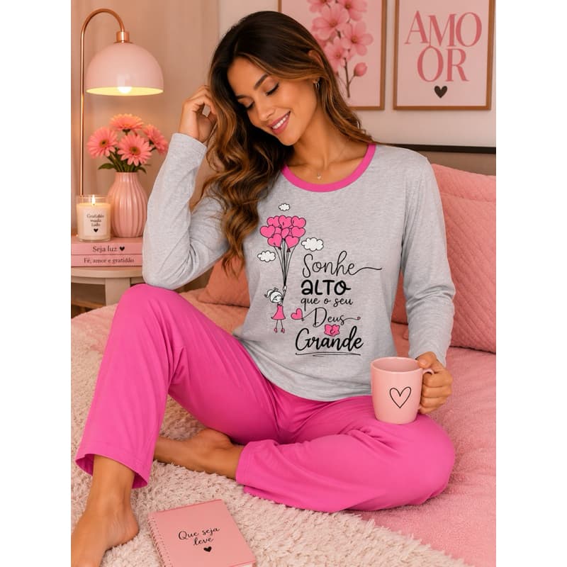 Pijama Feminino Adulto Manga longa e calça Roupa de Dormir Conjunto
