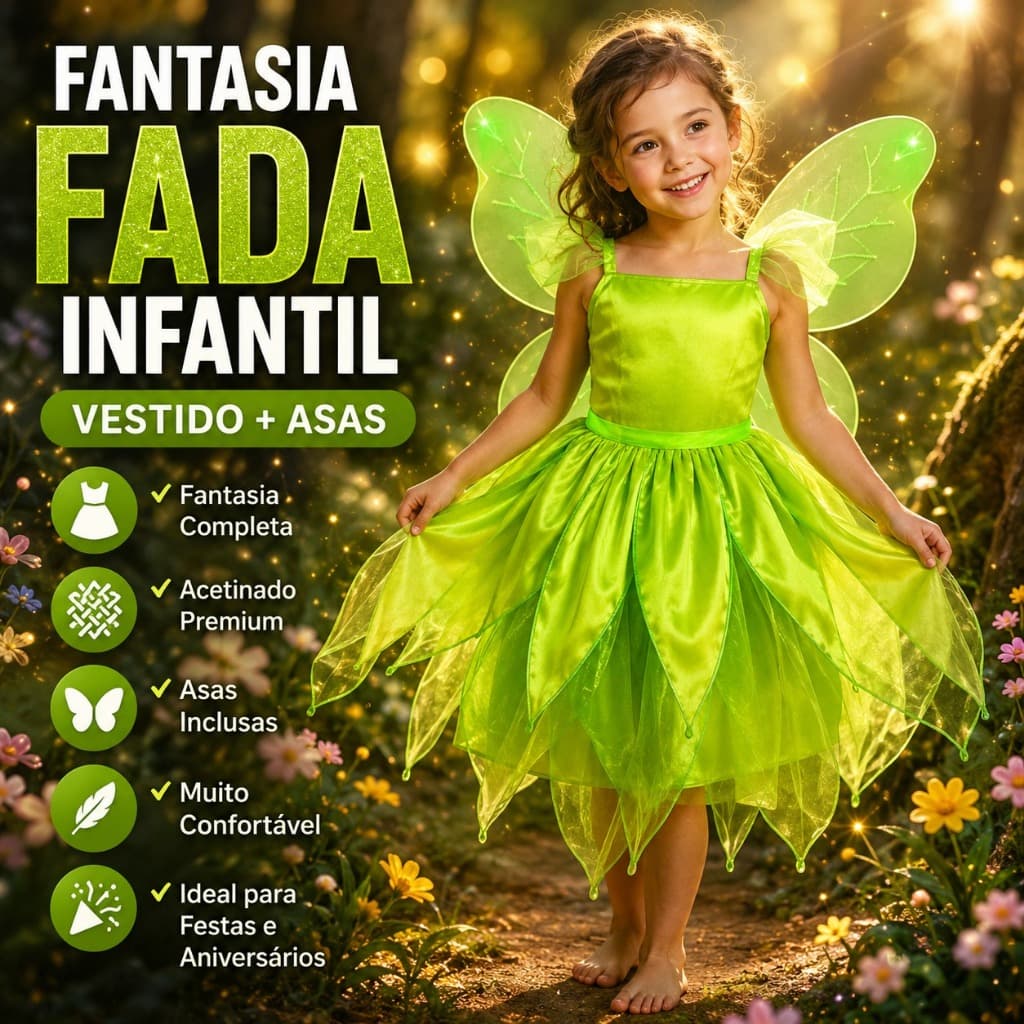 Fantasia Infantil Fada Sininho Luxo Completa Vestido com Asa Acetinada Carnaval Festa Aniversário
