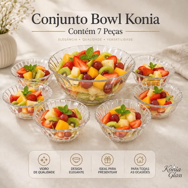 Conjunto Bowl de Vidro Konia 7 Peças Premium 1,4L + 6 Bowls 245ml | Salada, Sobremesa e Frutas