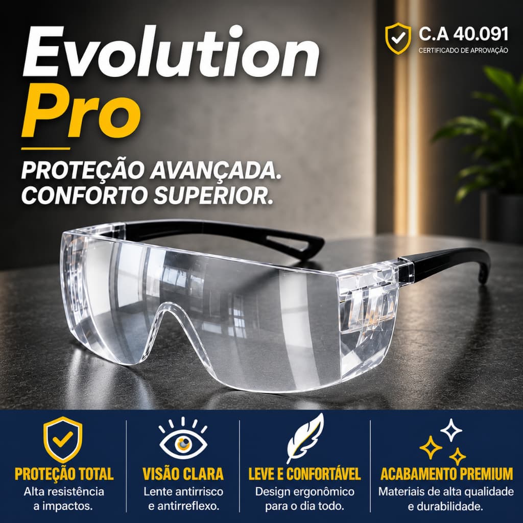 Óculos de Proteção EPI Segurança Evolution Rio de Janeiro CA Incolor Proteção UV Policarbonato Antirrisco