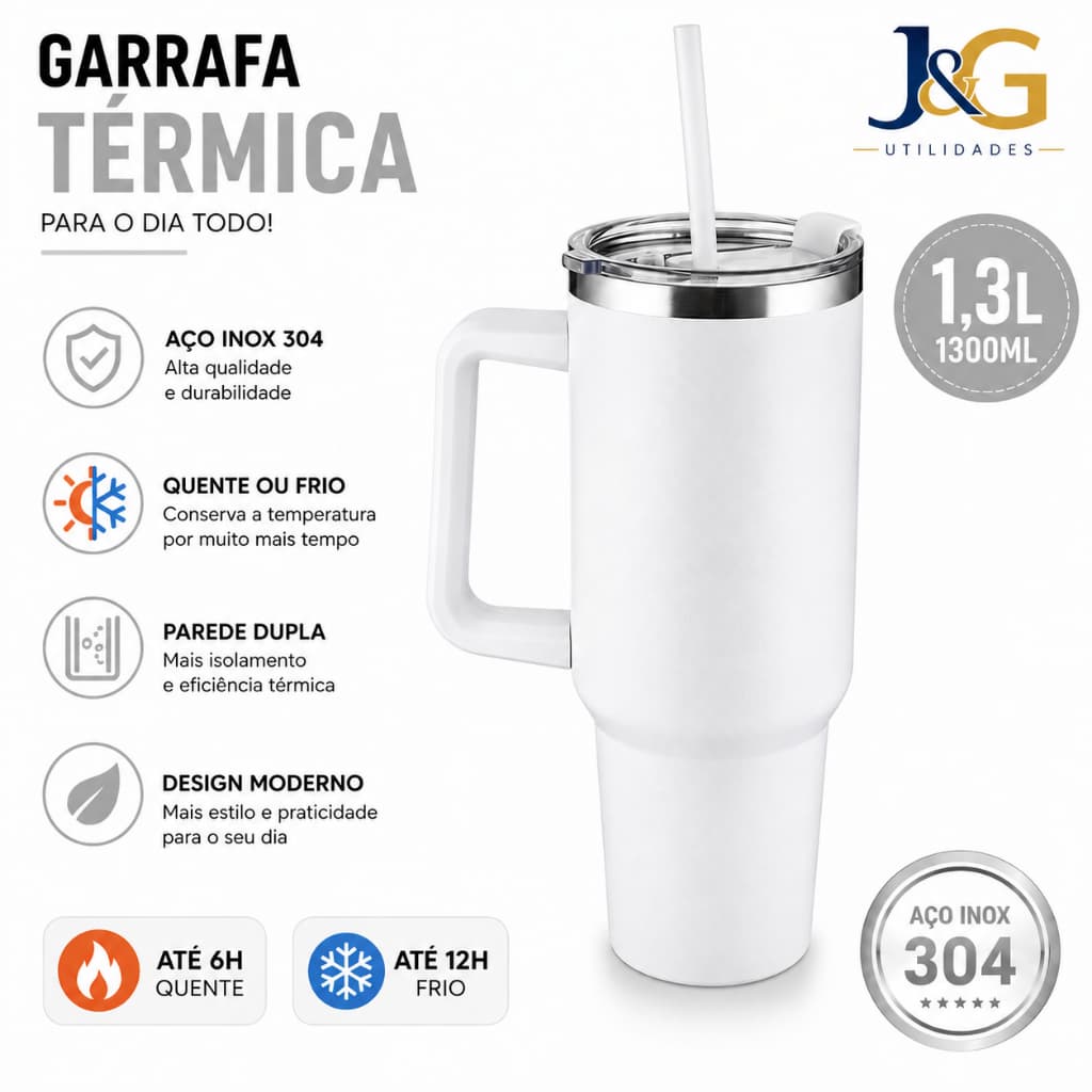 Garrafa Térmica Inox 1300ml com Alça e Canudo Parede Dupla Branca