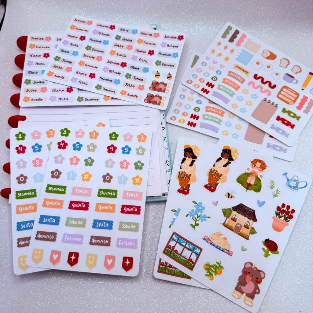 Kit 8 Cartelas de Adesivos Para Planner/Bullet Journal Jardim Flores Kawaii Jardineira Semana Fofa