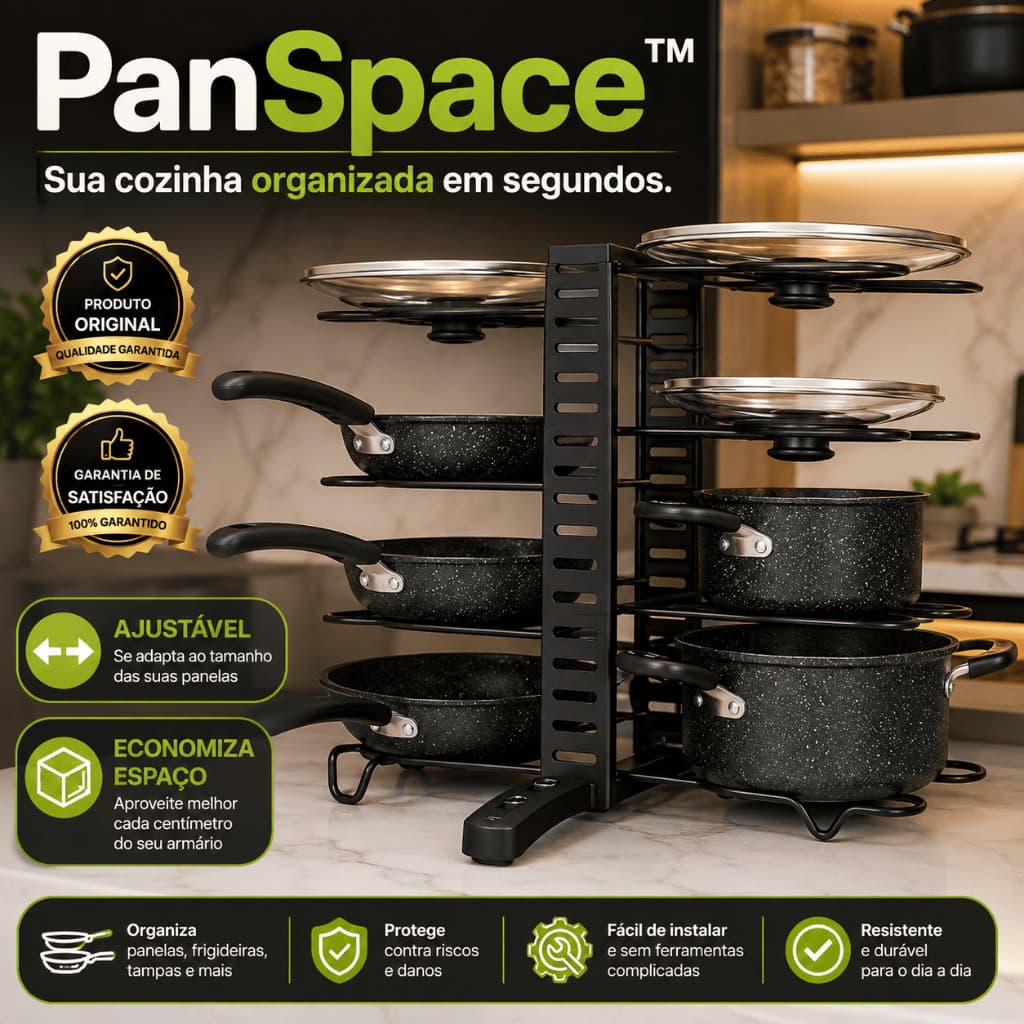 Organizador de Panelas Ajustável PanSpace™ Suporte para Panelas Frigideiras Tampas Multiuso em Aço Economiza Espaço Cozi
