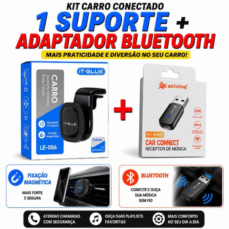 Kit Carro Bluetooth + Suporte Magnético para Celular Universal | Receptor de Música USB + Suporte Veicular