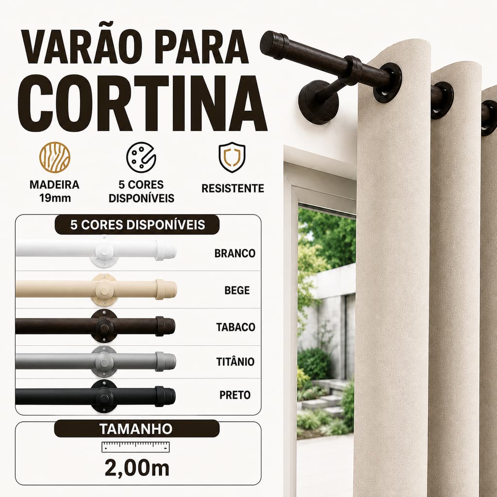 Varão para Cortina 2m Madeira 19mm Completo com Suportes Ponteiras 5 Cores Decoração Sala Quarto Luxo