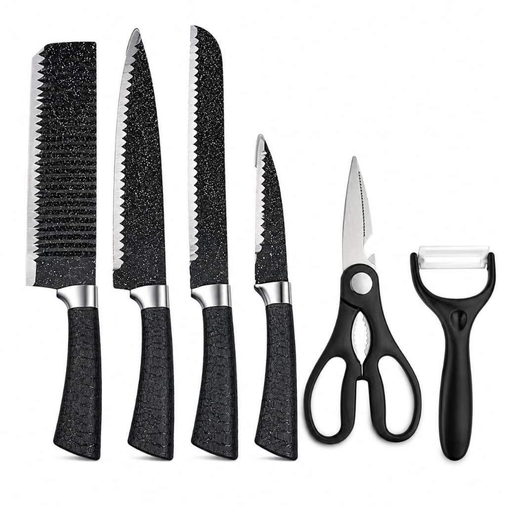 Jogo Kit Facas 6 Peças Aço Inox Cabo Ergonômico Preto Chef Cutelo Tesoura Descascador Cozinha Completo