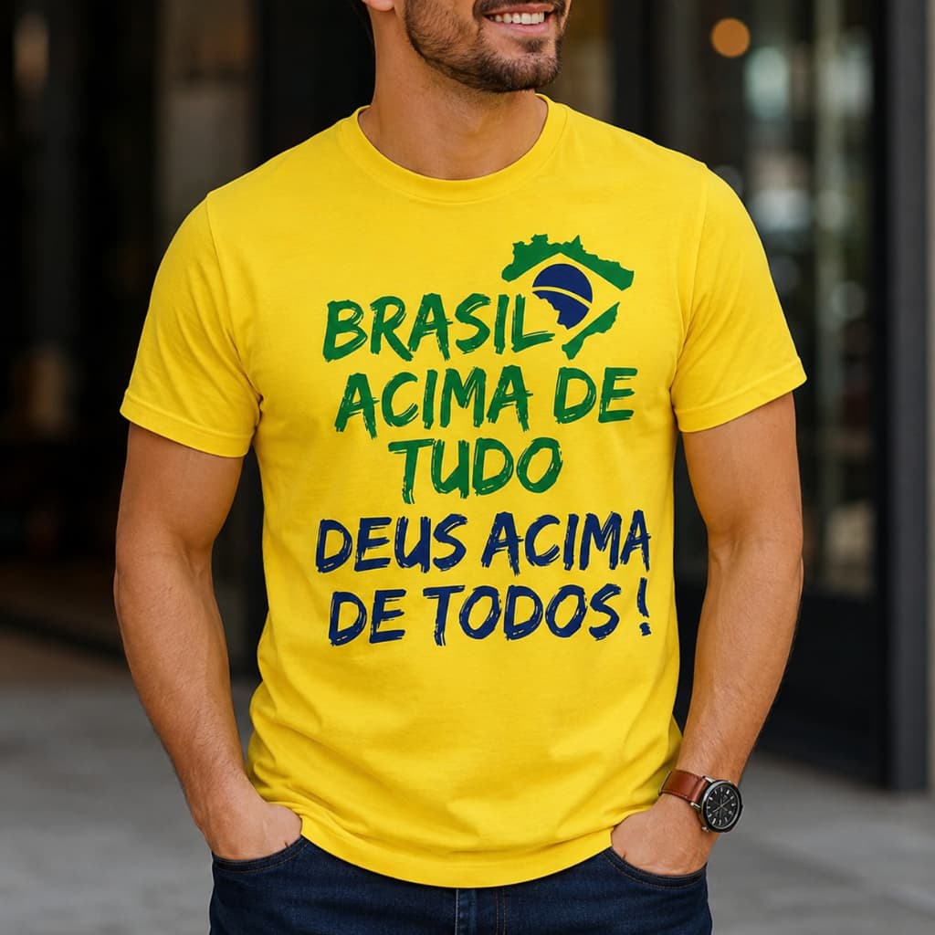 Camiseta Copa Brasil Tropical Acima De Tudo Militar Bolsonaro País Pátria Verde e Amarelo Patriota Envio Imediato