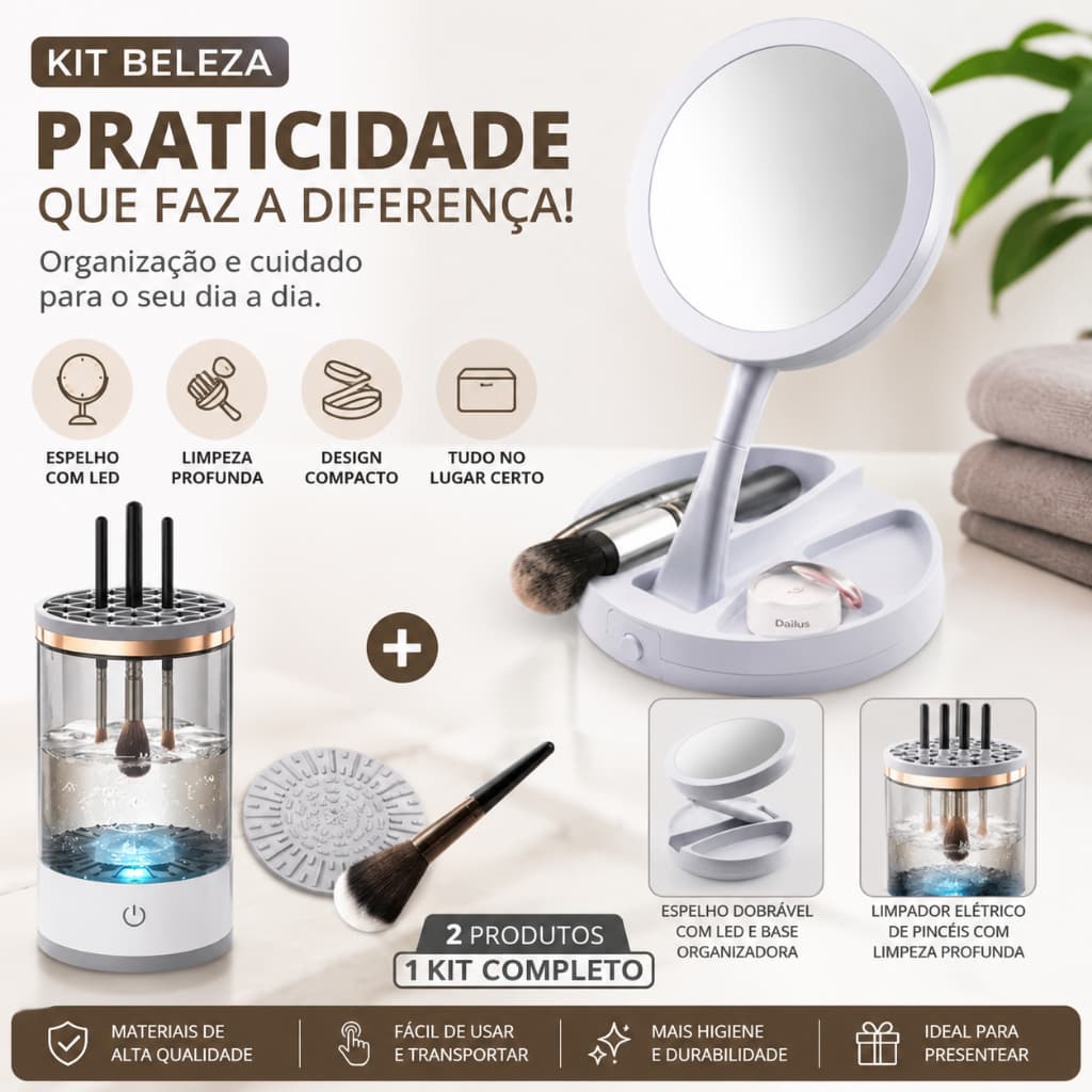 Kit Beleza Profissional: Espelho Camarim LED + Lavador de Pincéis Automático