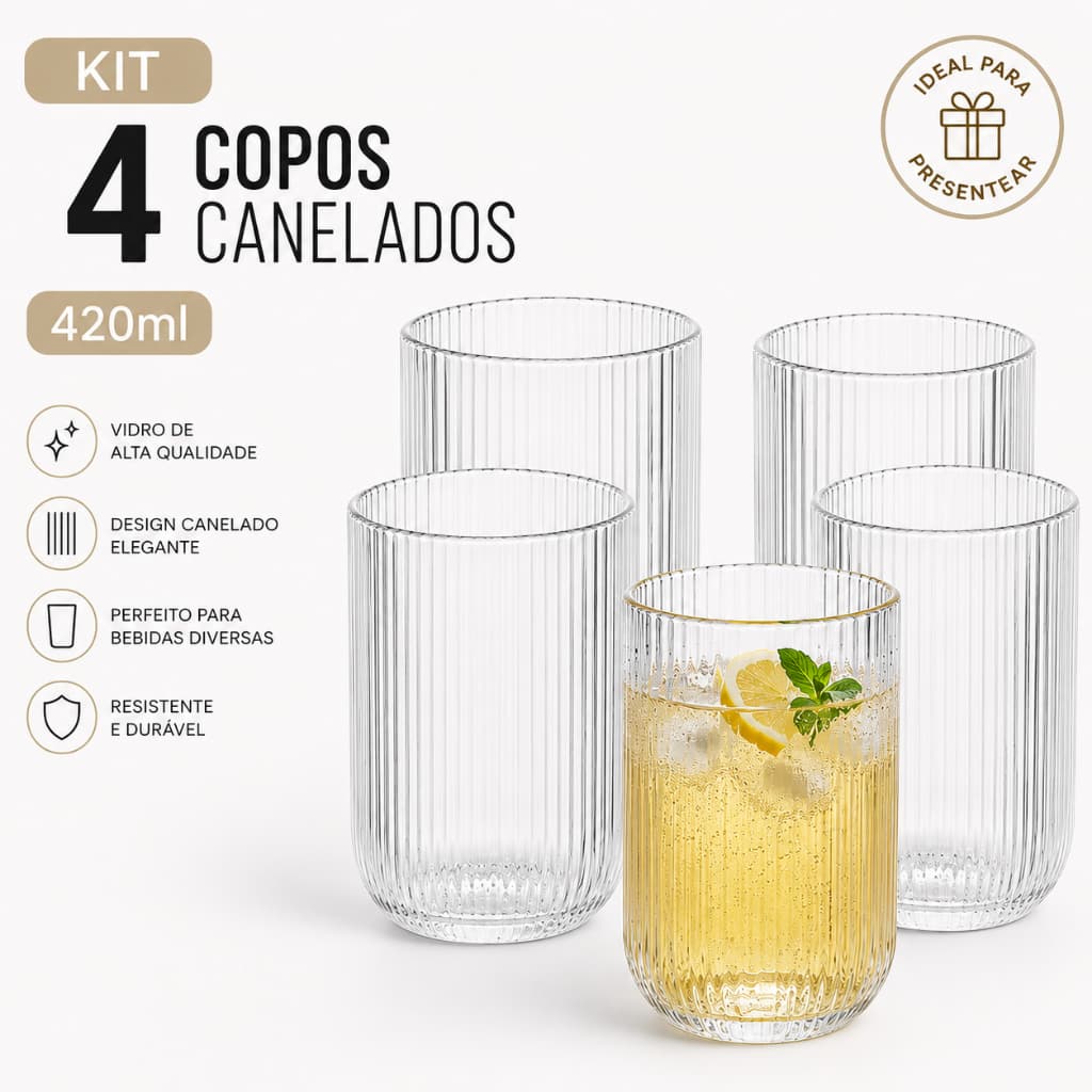 Jogo 4/6 Unidades de Copos Vidro Canelado Premium 420ml  para Suco Água Refrigerante Refresco Chá Design Sofisticado