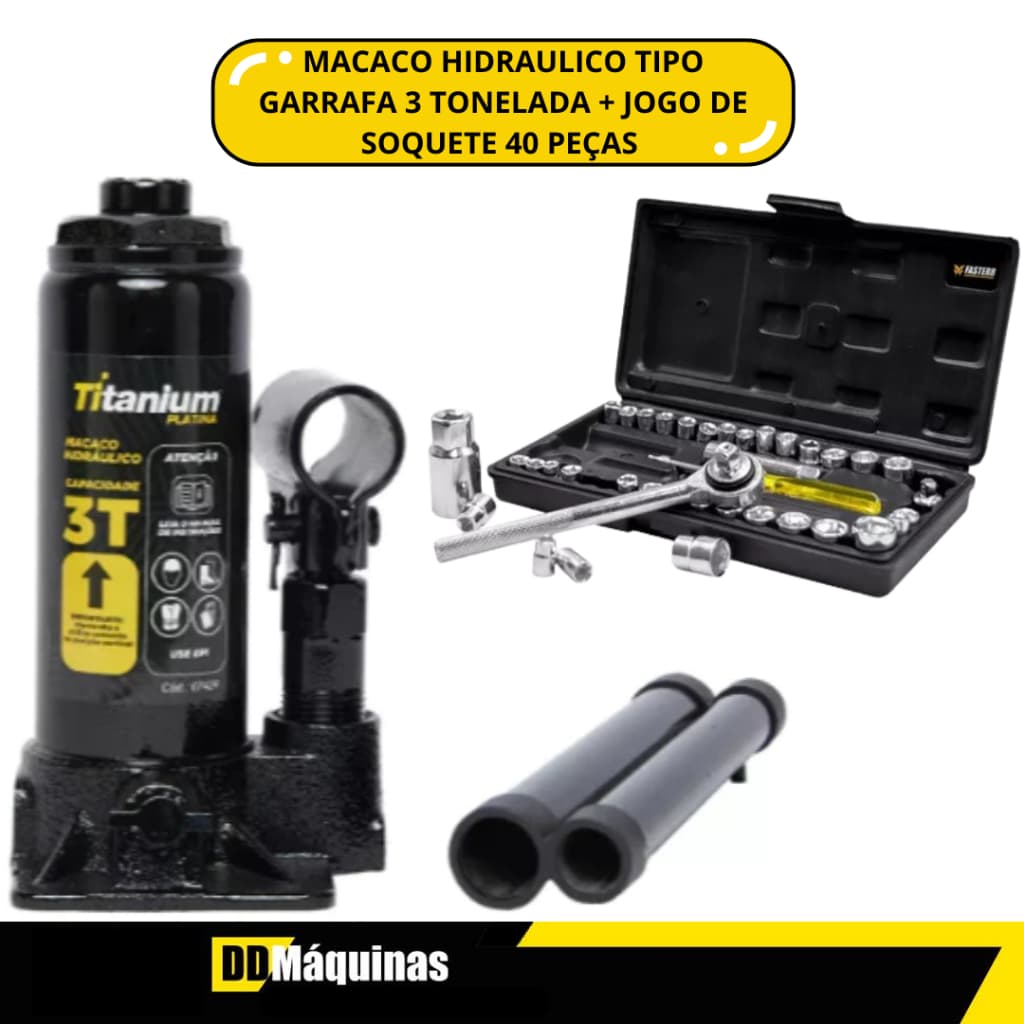 Kit Jogo de Soquetes 1/4-3/8 com 40 Peças + Macaco Hidráulico Garrafa 3 Toneladas -Fasterr/Titanium