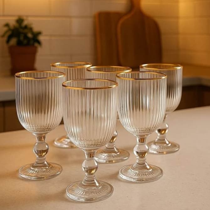 Jogo 6 Taças de Vidro 340ml Borda Dourada Maison Versailles™ Taças Elegantes para Vinho Água Suco Mesa Posta Presente