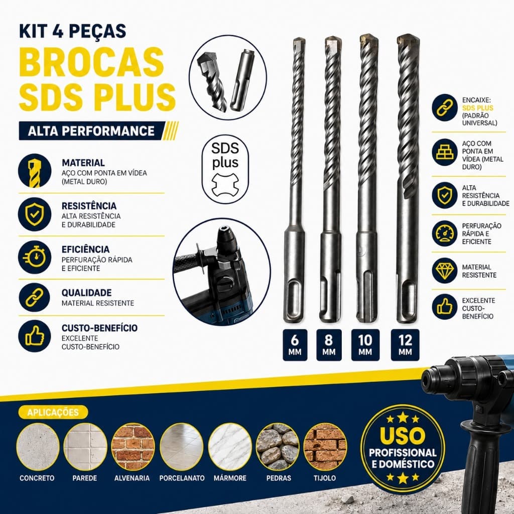 Kit 4 Peças Brocas SDS Plus 6 8 10 12mm Martelete Concreto Parede Alvenaria Profissional