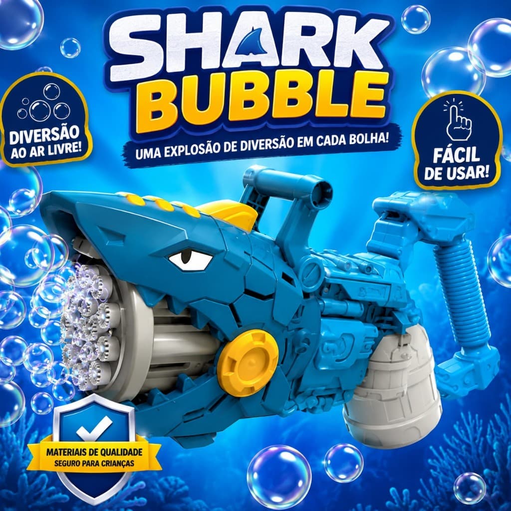 Pistola de Bolhas Shark Bubble Tubarão Automática Brinquedo Infantil com Máquina de Bolhas para Crianças
