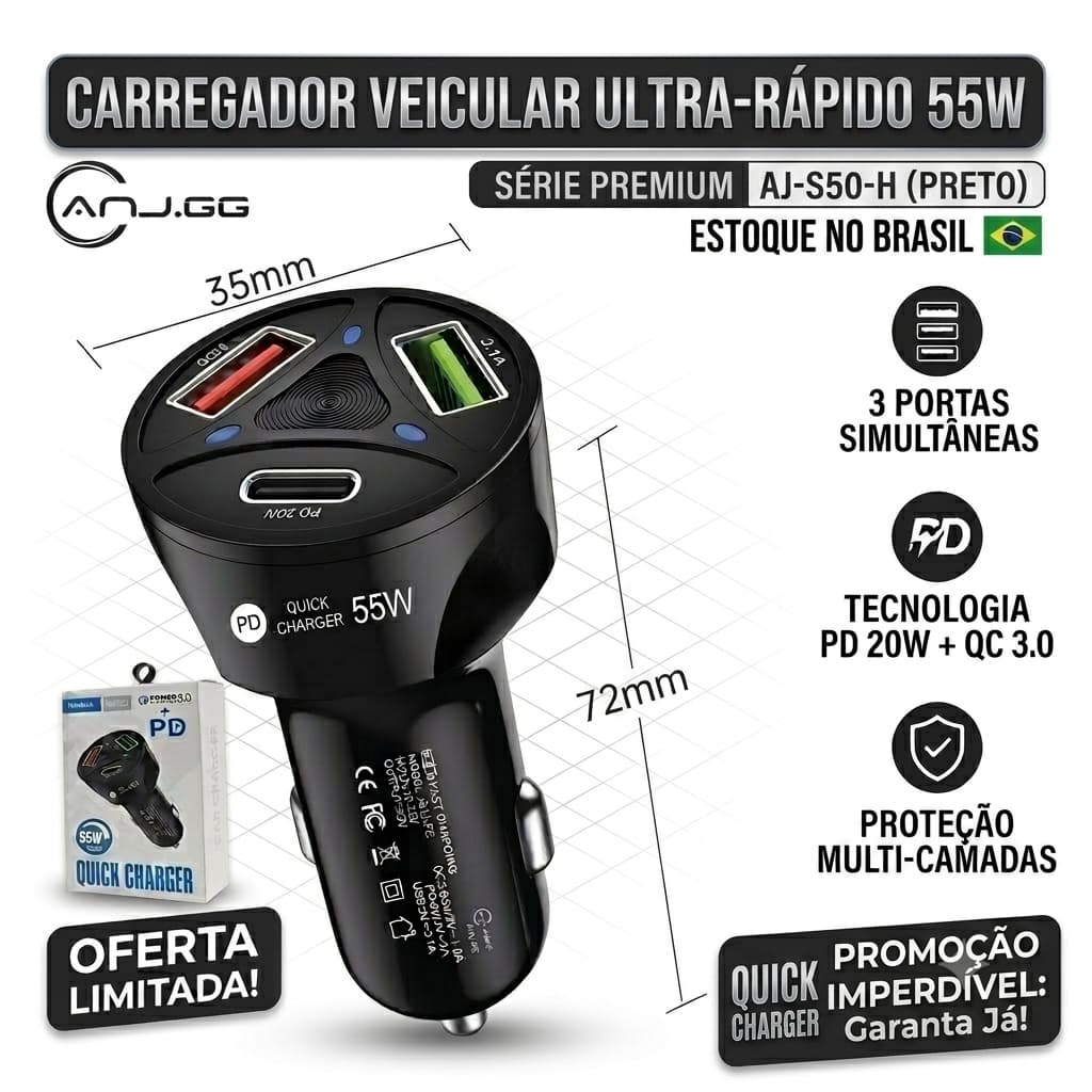 Carregador Veicular 55W Turbo 3 Entradas USB USB-C QC3.0 Carregamento Rápido Universal para Carro