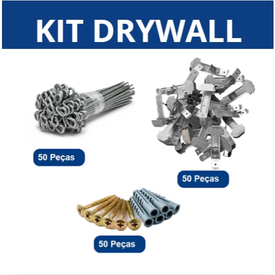 Kit Drywall Completo 200 Peças: 50 Reguladores Longo + 50 Tirantes (escolha o tamanho) + 50 Parafusos e 50 Buchas Nº6