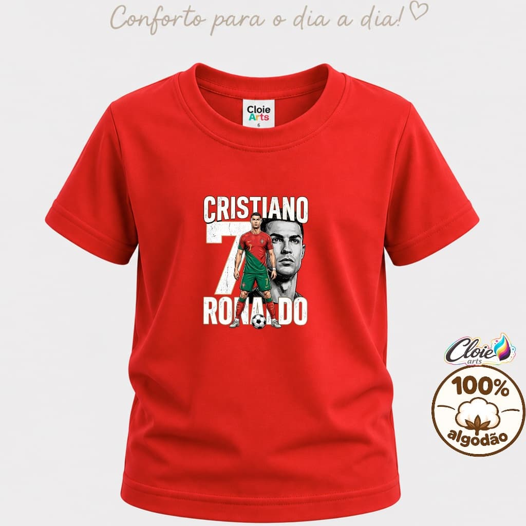 Camiseta Infantil 100% Algodão Cristiano Ronaldo CR7 Jogo  Futebol Manga curta Ótima Qualidade ideal unissex o Dia a Dia
