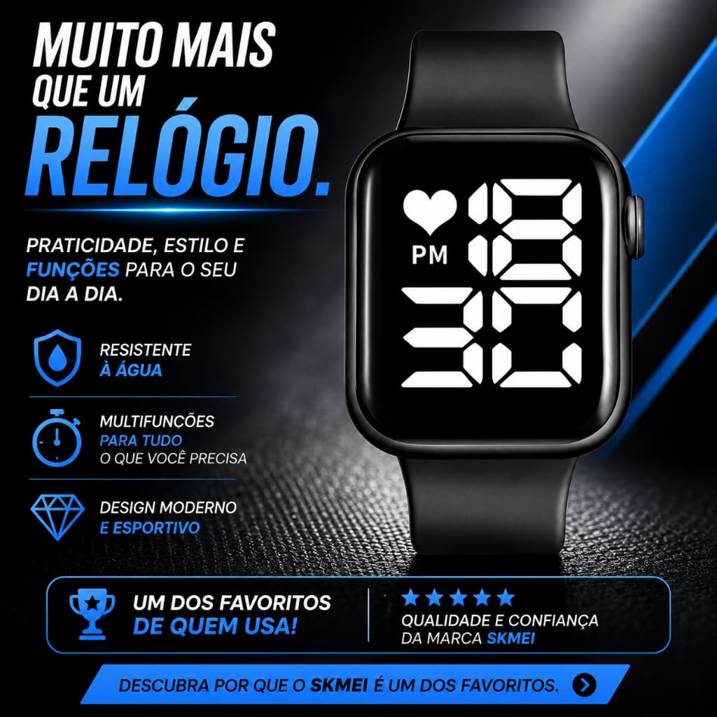 Relógio Digital SKMEI Resistente à Água Esportivo LED Unissex com Cronômetro Alarme Preto