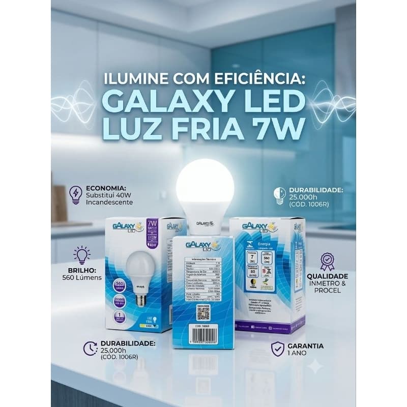 Kit 10 Lâmpadas LED Galaxy 7W Luz Fria 6500K E27 Bivolt – Econômicas, 560 Lumens, Alta Durabilidade 25.000h | INMETRO
