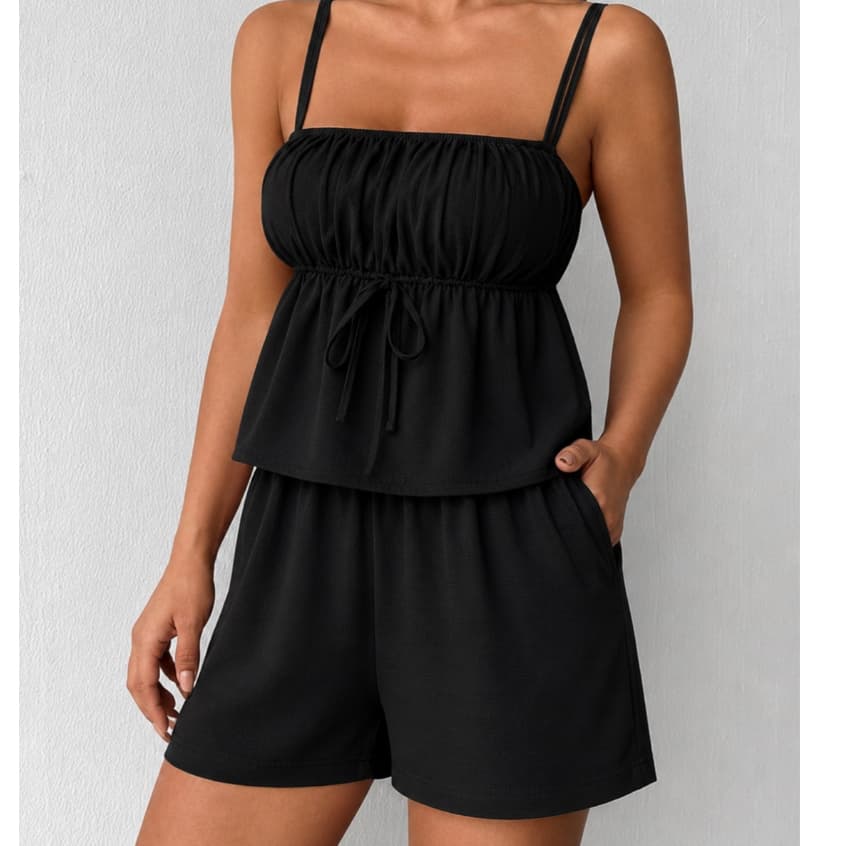 Conjunto Feminino Blusa Regata Alça Regulável Elástico no Decote e Costas  Short Cintura alta e Bolso Funcional.