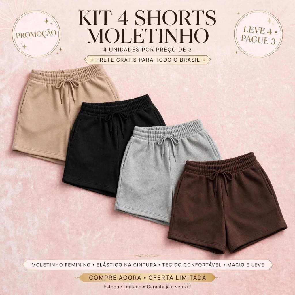 Kit 4 Shorts Feminino Moletinho Moletom Elástico na Cintura De Algodão Com Bolso Laterais