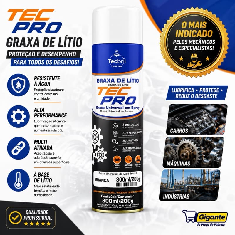 Graxa De Lítio Spray Tecbril 300ml Branca Lubrificante Universal Máquinas Automóveis Resistente Água