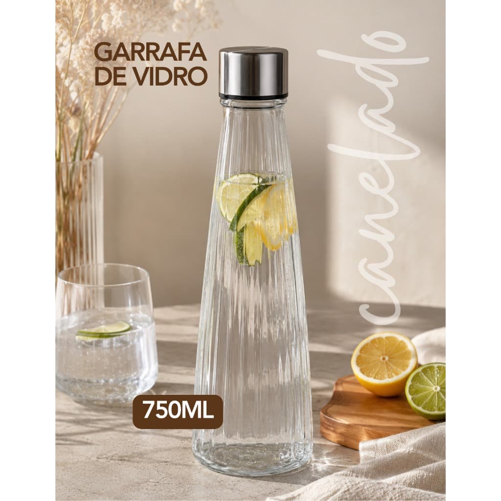 Garrafa De Vidro Transparente Canelada Com Tampa Hermética Inox 750ml Resistente