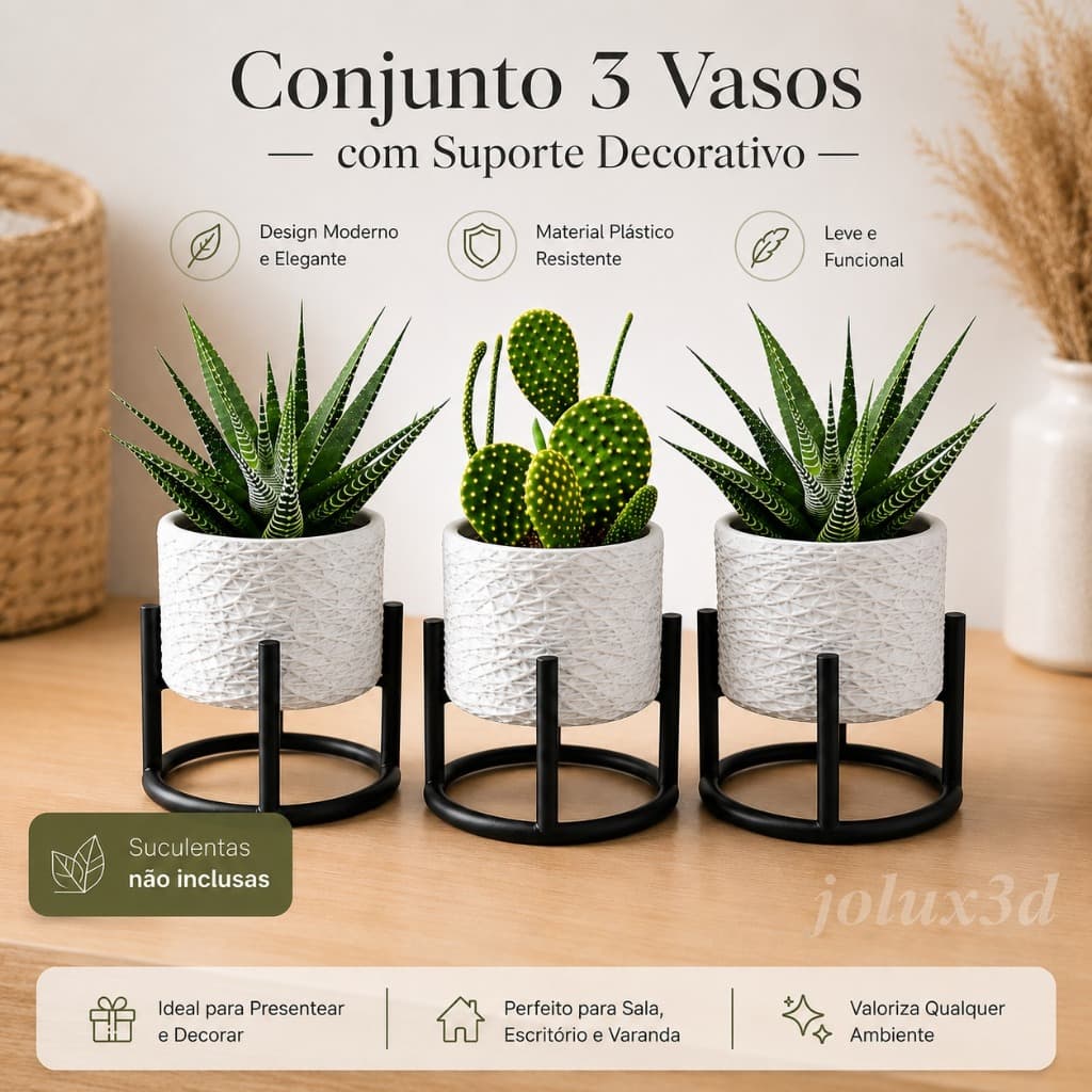 KIT 3 Vasos Cachepot Suspenso Decorativo Moderno para Suculentas Cactos Ervas Flores