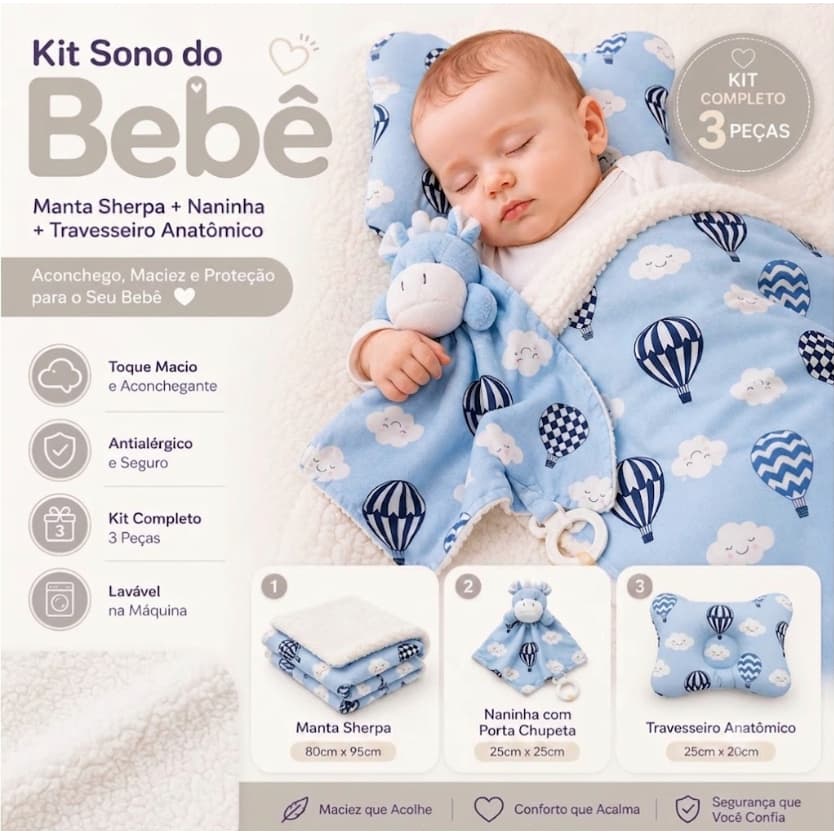 Coberdrom Infantil Sherpa Bebê Kit 3 Peças Naninha Travesseiro Anti-alergico