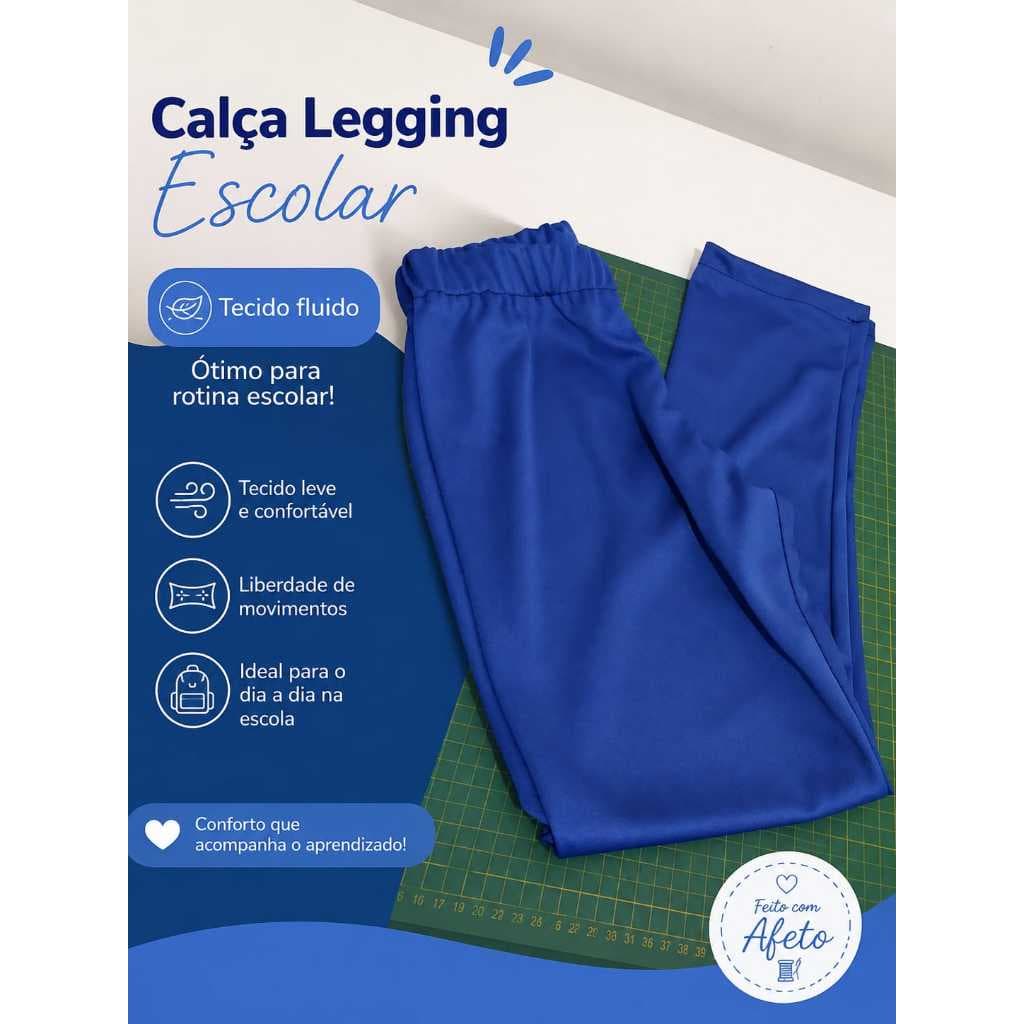 Calça legging infantil azul – tecido leve e confortável para uso escolar (tamanhos 6 a 12)