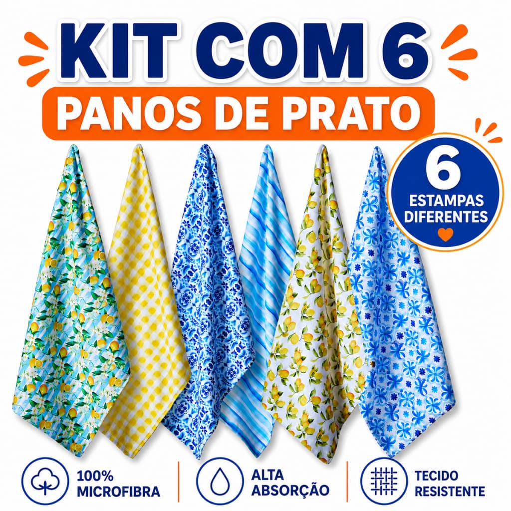 6 Panos de Prato Copa Atoalhado Cozinha Microfibra Grande