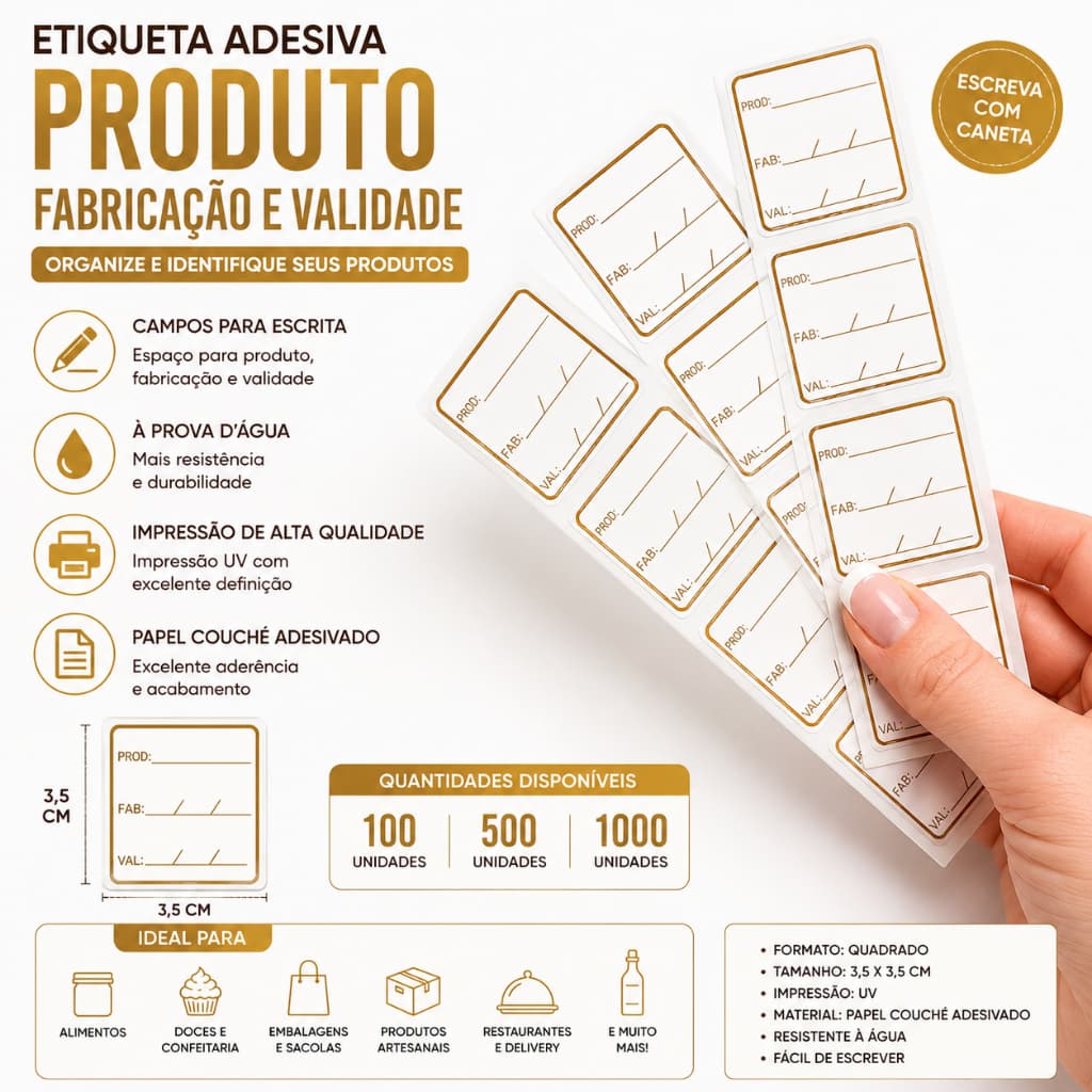 ETIQUETA ADESIVA PRODUTO FABRICAÇÃO VALIDADE  QUADRADA 3,5 X 3,5 CM