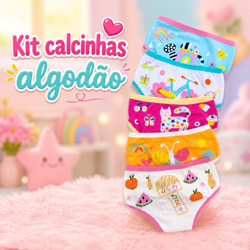 Kit 5 Unidades Calcinhas Algodão Infantil Sortidas
