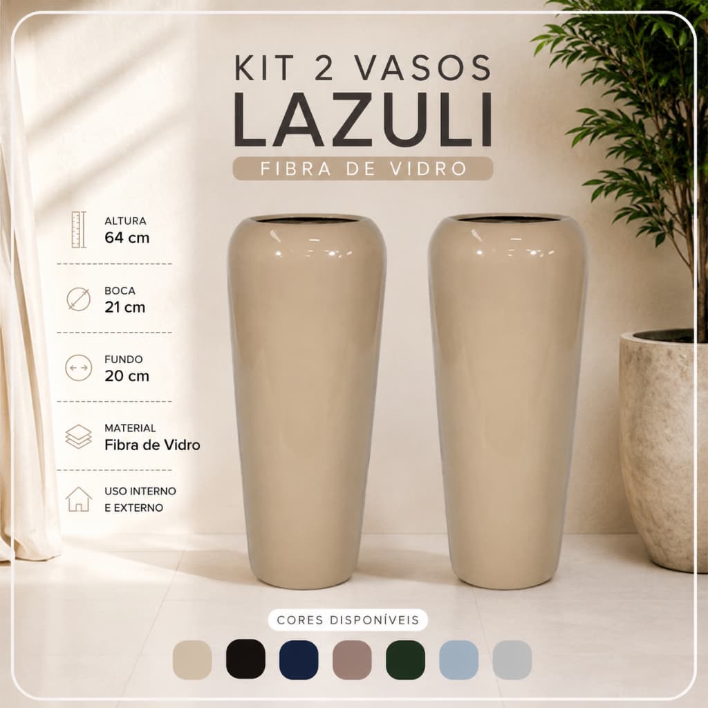 Kit 2 Vasos Fibra Vidro Lazuli 64cm Decoração Moderna