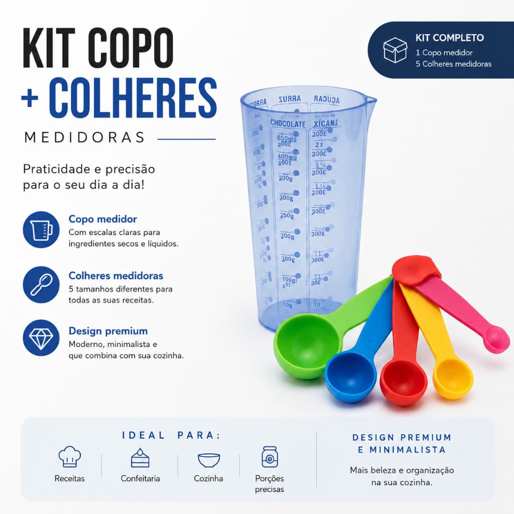 Copo Medidor 570ml + Jogo 5 Colheres Medidoras Coloridas Medidas Culinárias Cozinha Confeitaria Kit 2 Peças