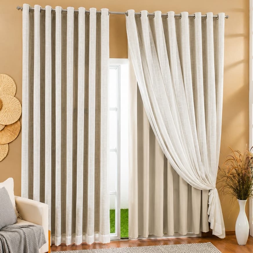 Cortina Luxo Voil Gaze De Linho Com Forro Blackout 4,00x2,80 Sala/Quarto Para Varão