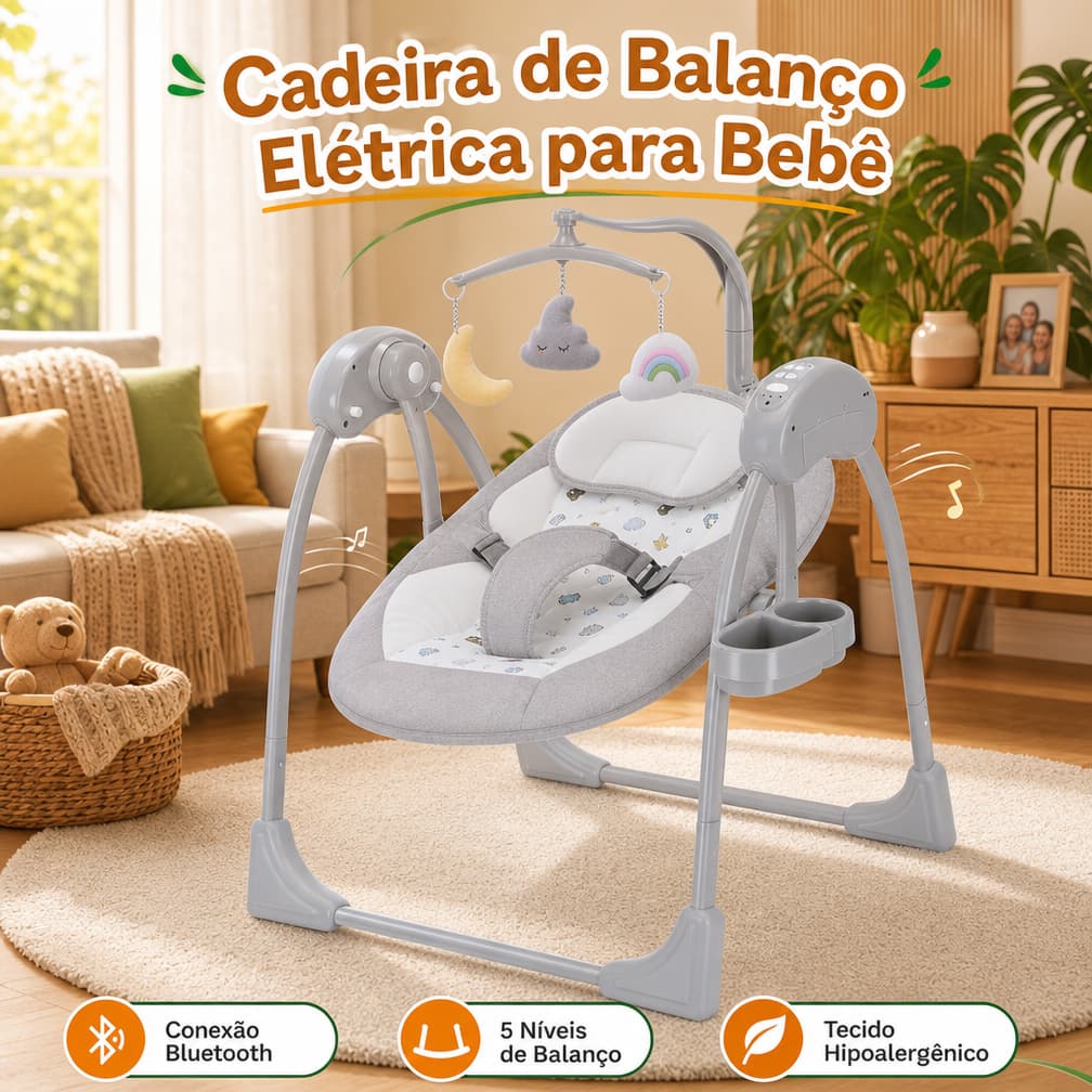 Balanço/Cadeira de Descanso Elétrico para Bebês com Controle Remoto e Música via Bluetooth