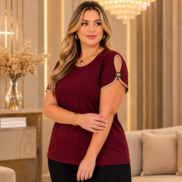 Blusa Feminina Elegance Siena GG 44/46 Viscolycra Premium Manga Botão Elegante Confortável