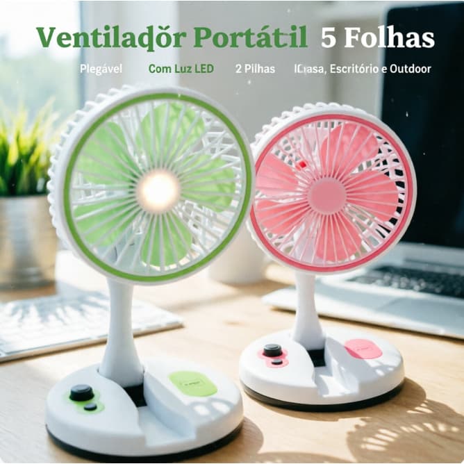 Casa, escritório, exterior, portátil, dobrável, luz LED, duas pilhas, mini ventilador de 5 pás